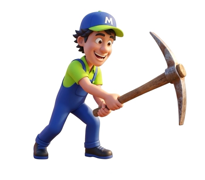 Mascote do Tio Mucufa, de boné e macacão, trabalhando com uma picareta na construção do site novo