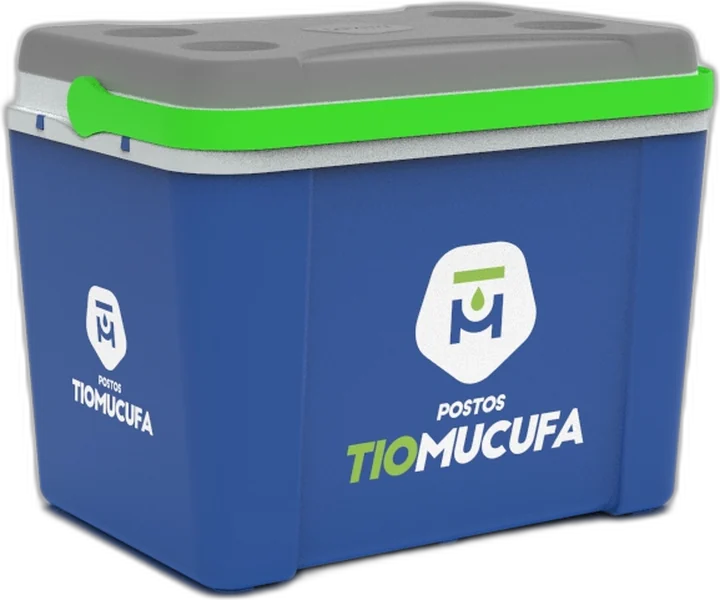 Cooler azul e verde dos Postos Tio Mucufa